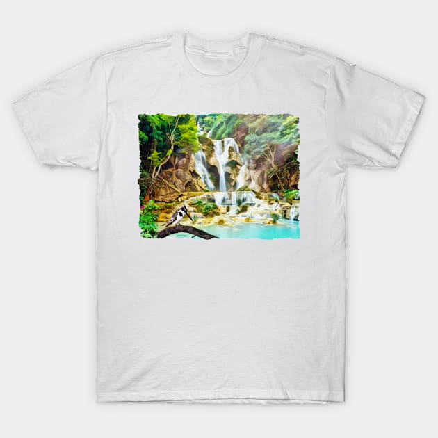 Pied Kingfisher Bird Overlooking A Tropical Waterfall T-Shirt by PhotoArts